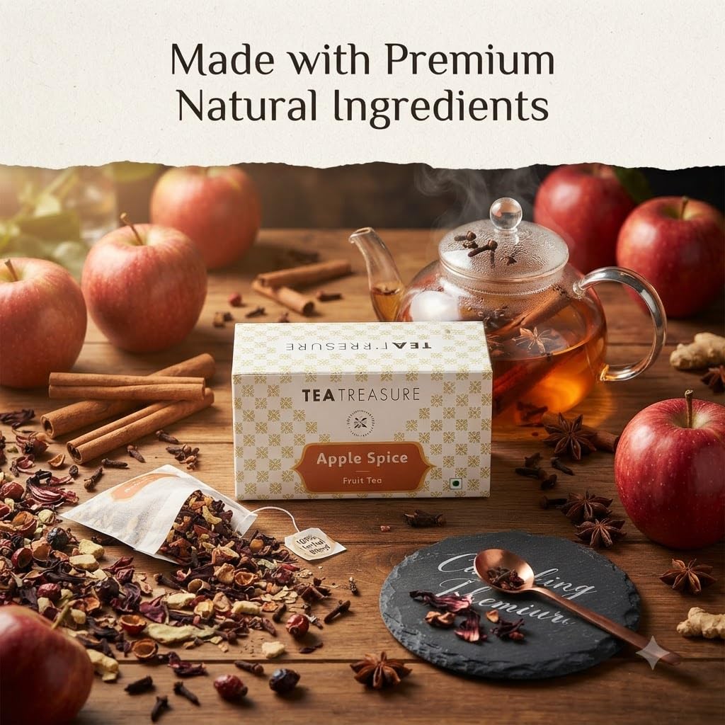 Tea Treasure Apple Spice Fruit Tea β 50 Pyramid Tea Bags| Helps in Weight Management, Cholesterol, Inflamation & Digestive System|With Assam Black tea Blend,Dried Apple, Ginger & Cinnamon 2