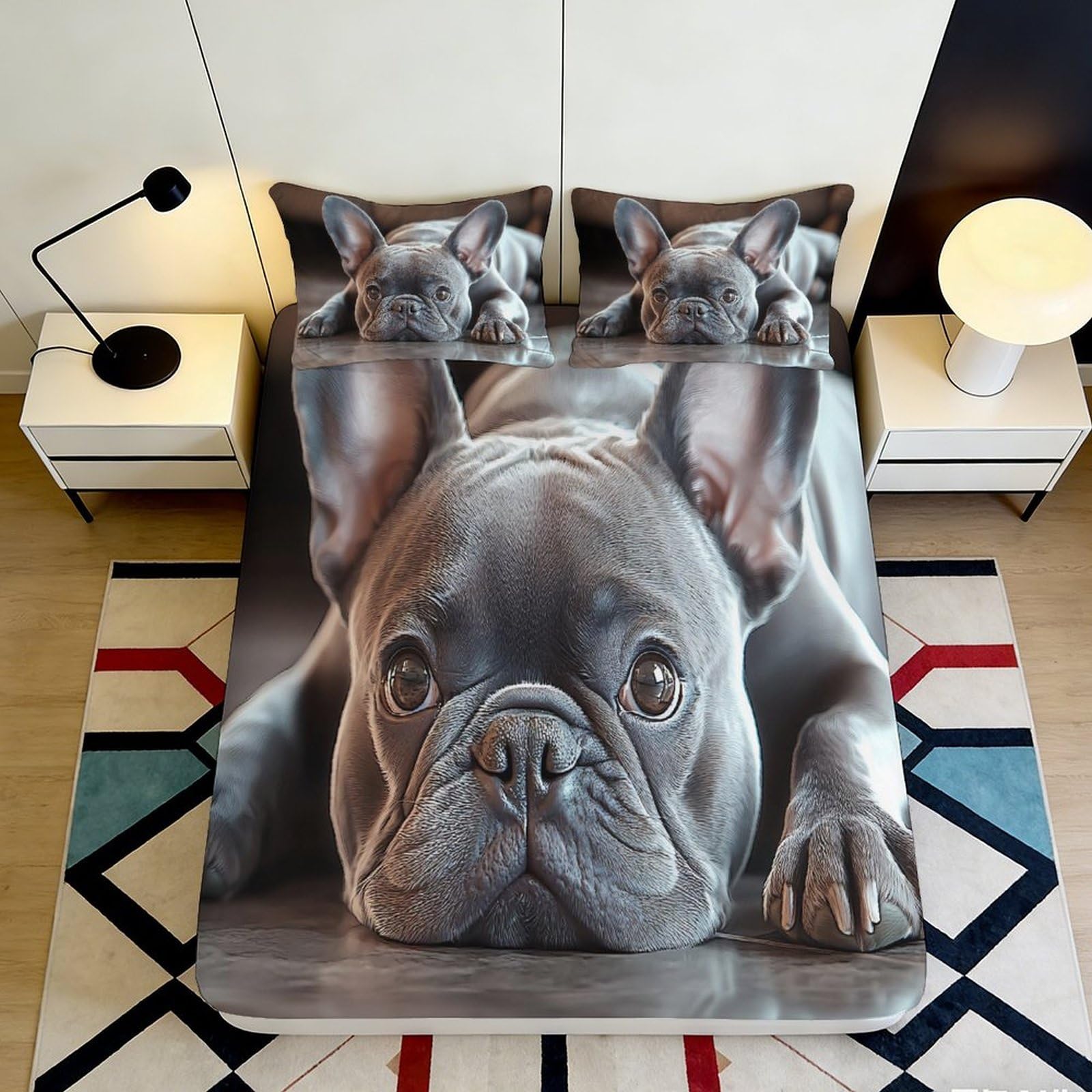 3D Printed French Bulldog Fitted Sheet Microfiber Soft Durable Grey Dog Bed Sheet Mattress Cover for Bedroom Dormitory Guest Room Mattress Protection Decor 120x200x25cm