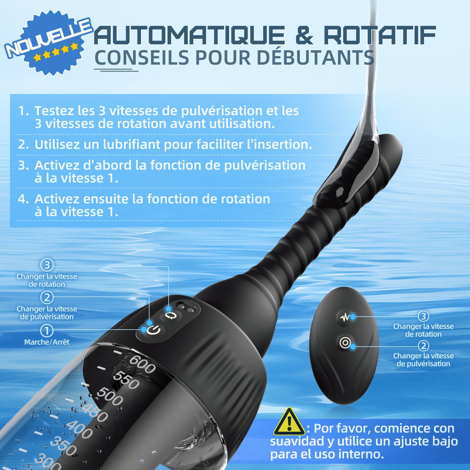 Poire a lavement pour anus - 20oz Lavement rotatif Automatique Poire à lavement intime hommes et femmes Nettoyage en profondeur à 360° 5 becs avec 3 vitesses de rotation et de pulvérisation