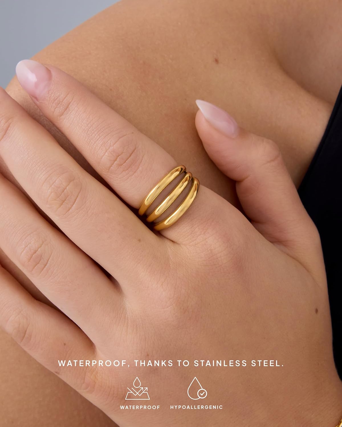 PAVOI 14K Gold Plated Chunky Curved Triple Stackable Ring for Women - Stainless Steel Three in One Statement Rings - Waterproof Thick Multi-Bands - Image 2