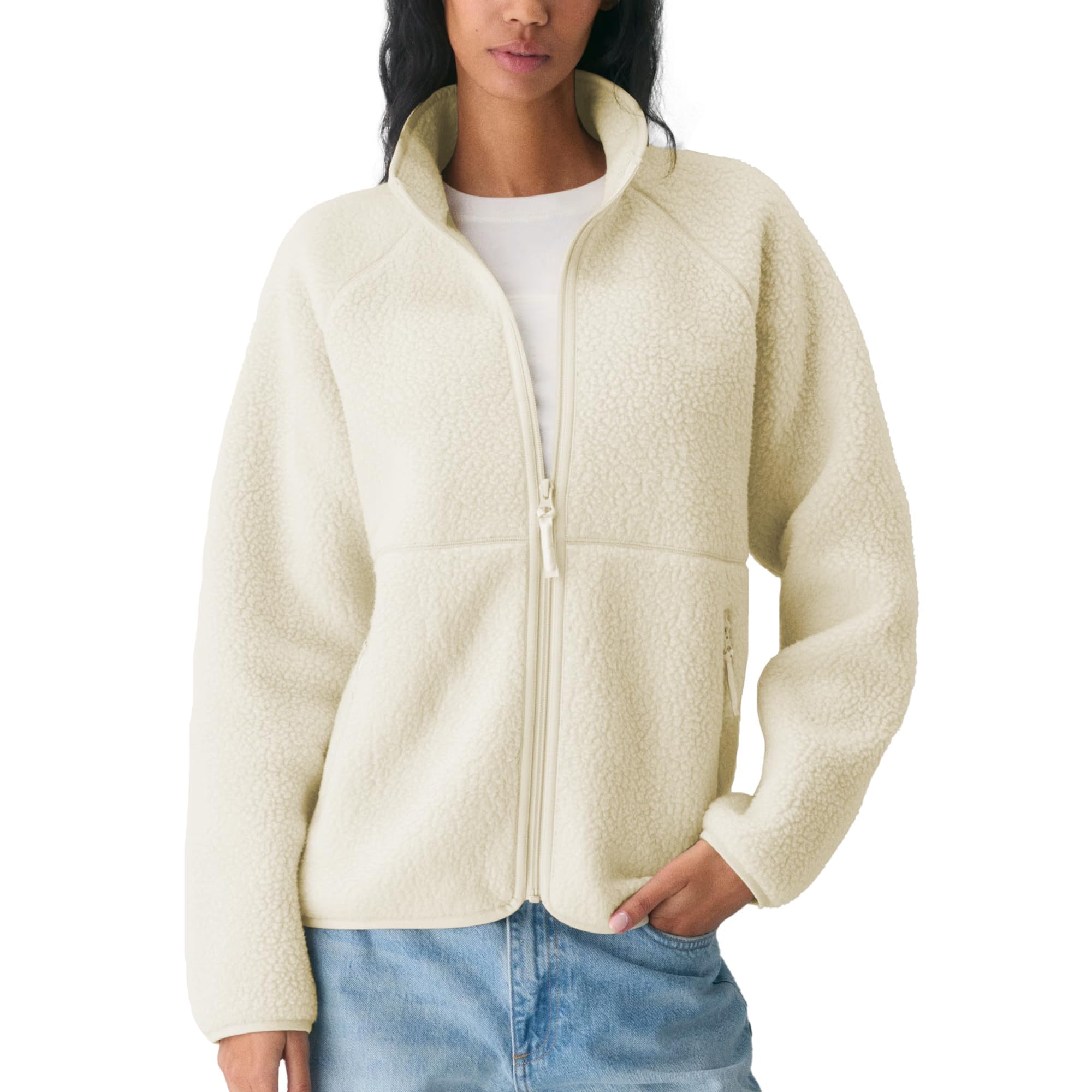 Hixiaohe Womens Fuzzy Fleece Jacket Fall Winter Warm Long Sleeve Sherpa Coats Casual Full Zip Up Outerwear with Pockets(Beige,M)
