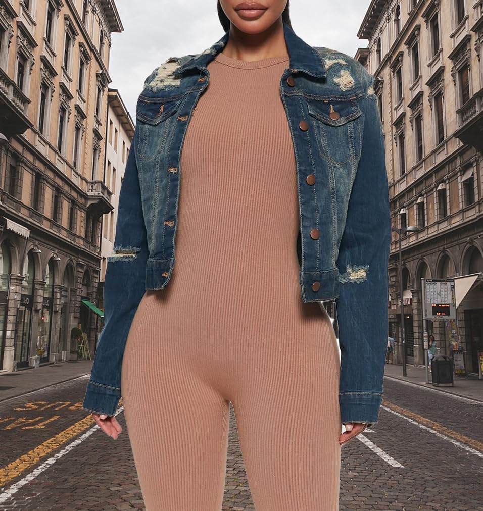 BessCops Denim Jacket for Women Fall Long Sleeve Classic Distressed Butterfly Jean Trucker Jackets - Image 3