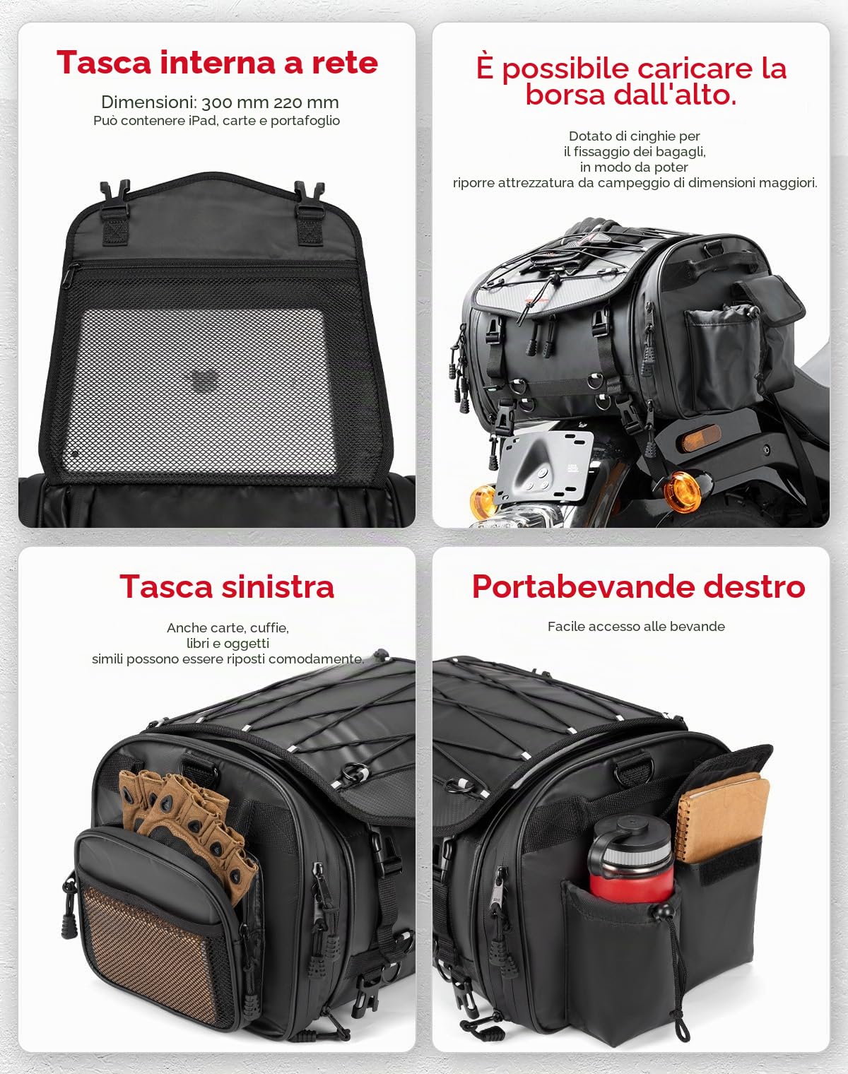 KEMIMOTO Borsa Posteriore Moto, 24-32L Borsa Sella Moto Espandibile Grande Gapacità, Borse Impermeabile Motocicletta con Copertura Antipioggia, Nero