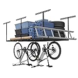 FLEXIMOUNTS 4x8 Overhead Garage Storage Rack w/Hooks Adjustable Ceiling Storage Rack, 96' Length x 48' Width x 40' Height, 22''-40' Ceiling Dropdown, Black, Classic Series Black 4x8 ft w/hooks