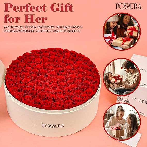 Rosaura Round Preserved Roses Gift Box (Red, 100 Roses)