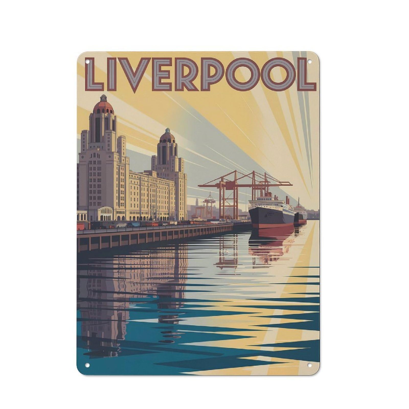 Junmoney Style-14 Tin Wall Plaque 40X30cm With Liverpool Cityscape Vintage Travel For Guest Room Or Hallway, For Updating Guest Room And Hallway After Moving