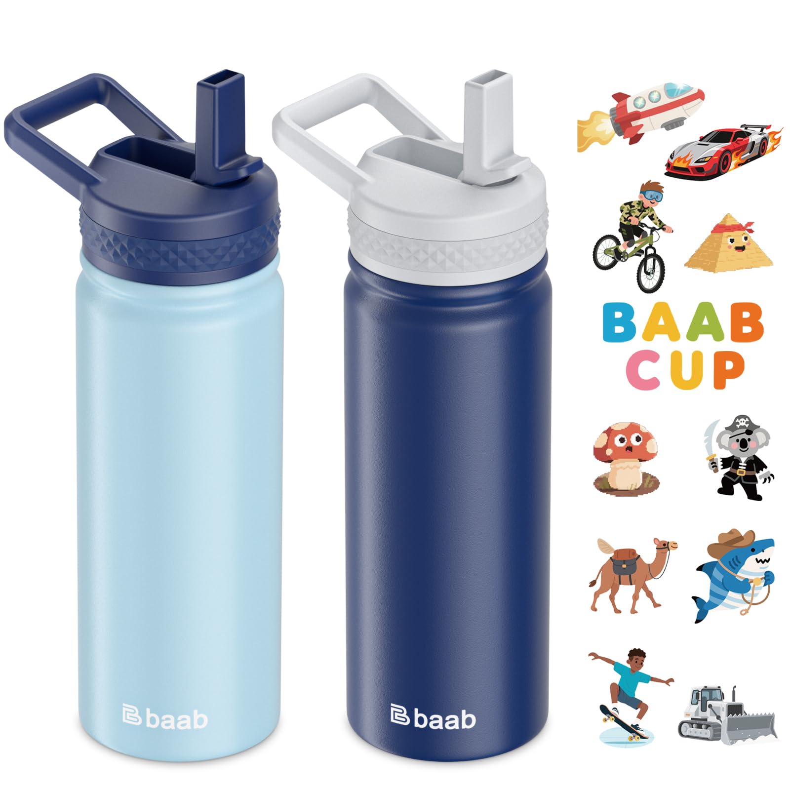 baab 18oz Kids Water Bottle, Insulated Water Bottle with Straw & Stickers, 18/8 Stainless Steel Vacuum Leakproof Kids Water Straw Cup for School, Gift