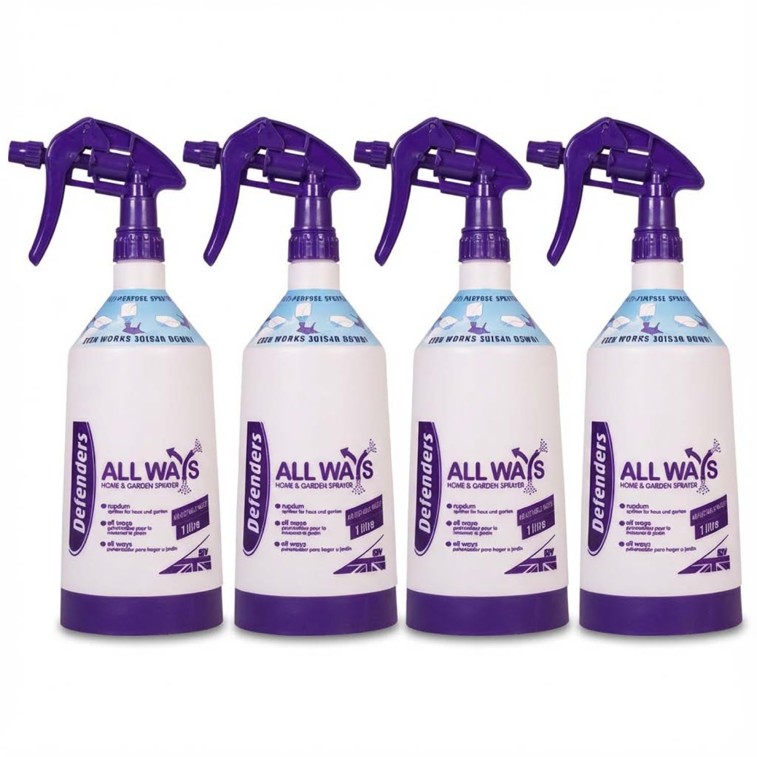 Defenders® All Ways Home & Garden Sprayer Bottle – 4 x 1 Litre | Multi-Purpose Continuous Spray | Adjustable Nozzle | Works Upside Down | Indoor & Outdoor Use