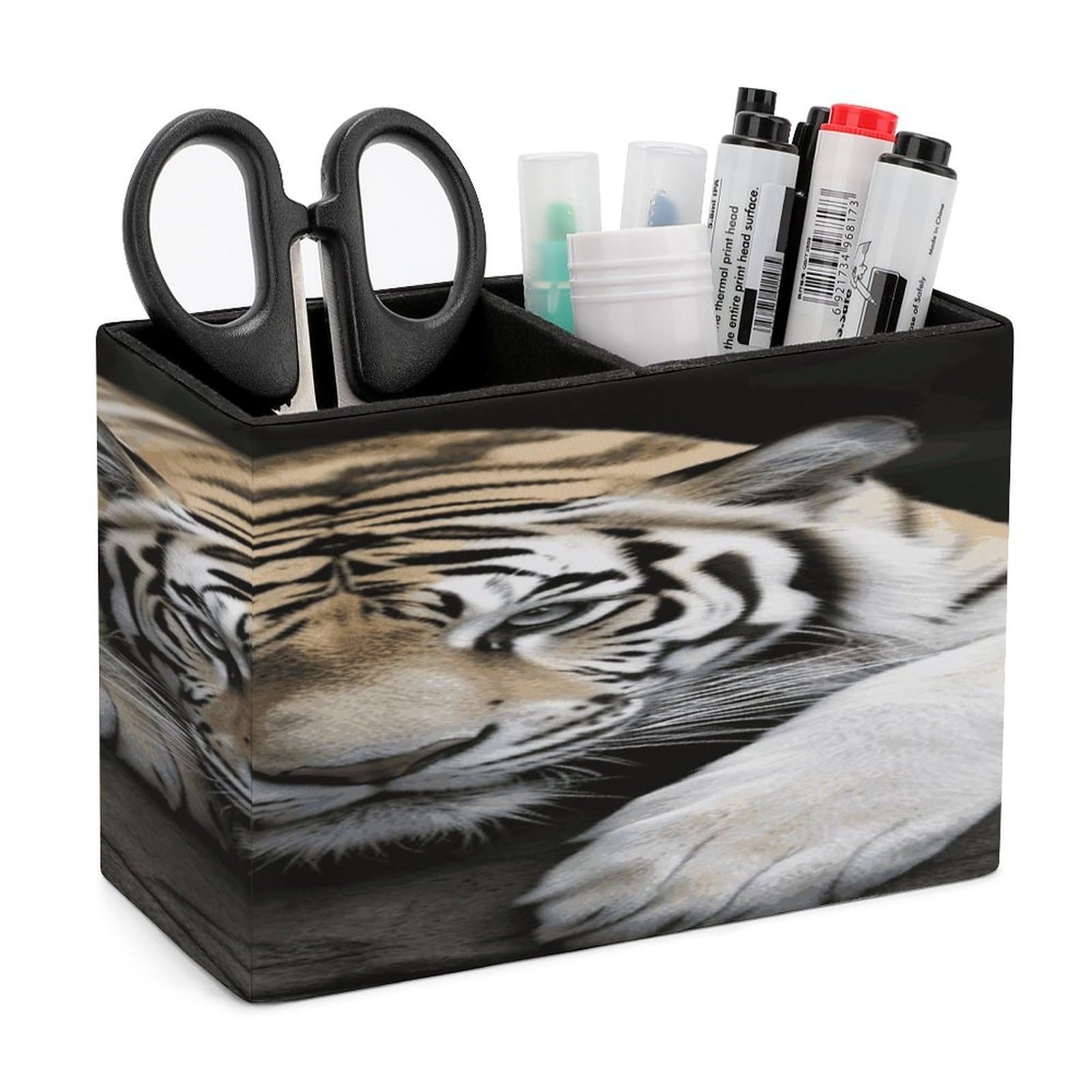 VstaDank Tiger Lie On Rock Pencil Holder for Desk(Double Slots) Fashion Leather Pencil Cup Simple Rectangular Shape Pen Holder Multi-Functional Pen Cup for Home Office Supplies Storage