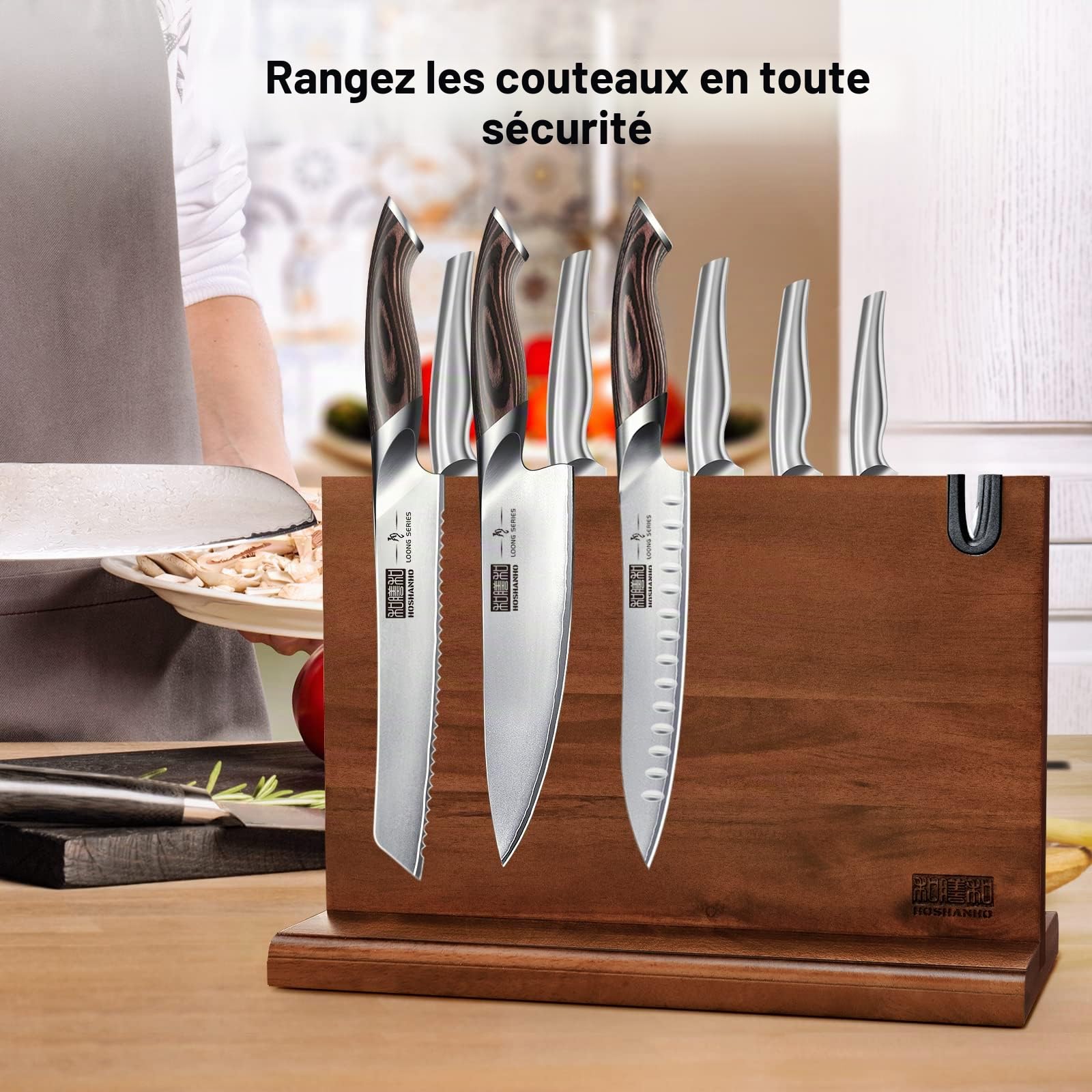 HOSHANHO Bloc à Couteaux Magnétique 35,5 x 25,4 cm - Porte Couteaux Aimanté Double Face Porte-couteaux Magnétique en Acacia Bloc Couteau de Cuisine