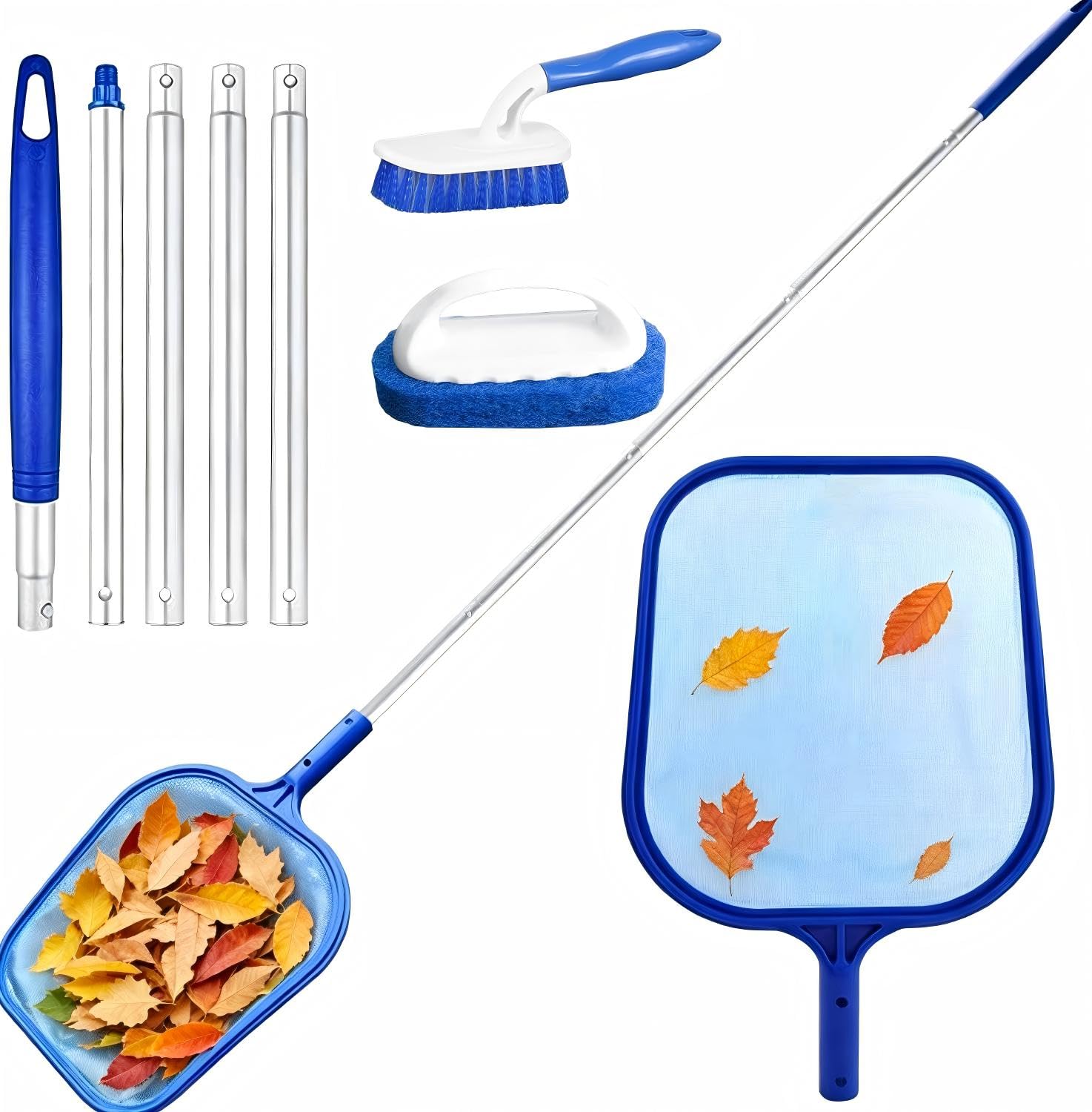 Pool Skimmer Net for Cleaning, 170CM Swimming Pool Net Hot Tub Cleaning Kit, Telescopic Fine Mesh 5-Section Pole Hand Leaf Rake Cleaner for Swimming, Paddling Pool, Garden Pond, Fountain, Fish Tank