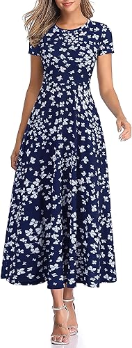 Zaberry - Vestidos largos, de manga corta, con cuello redondo, estilo informal, de verano, holgado y con bolsillos para mujer