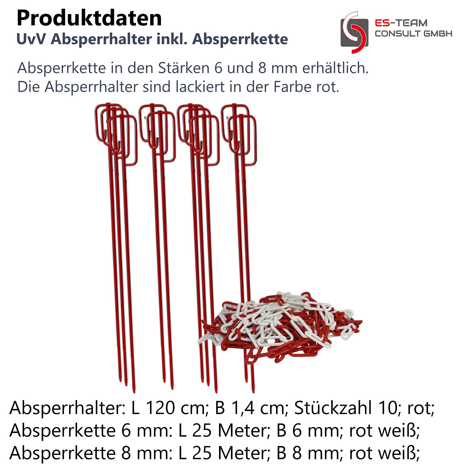 UvV Absperrleinenhalter 10 Stück mit Kette Ø 14 x 1200 mm, verschiedene Farbkombinationen, Absperrkette aus Kunststoff 25 Metern Länge wahlweise 6 oder 8 mm Gliederstärke (ROT 6 mm)