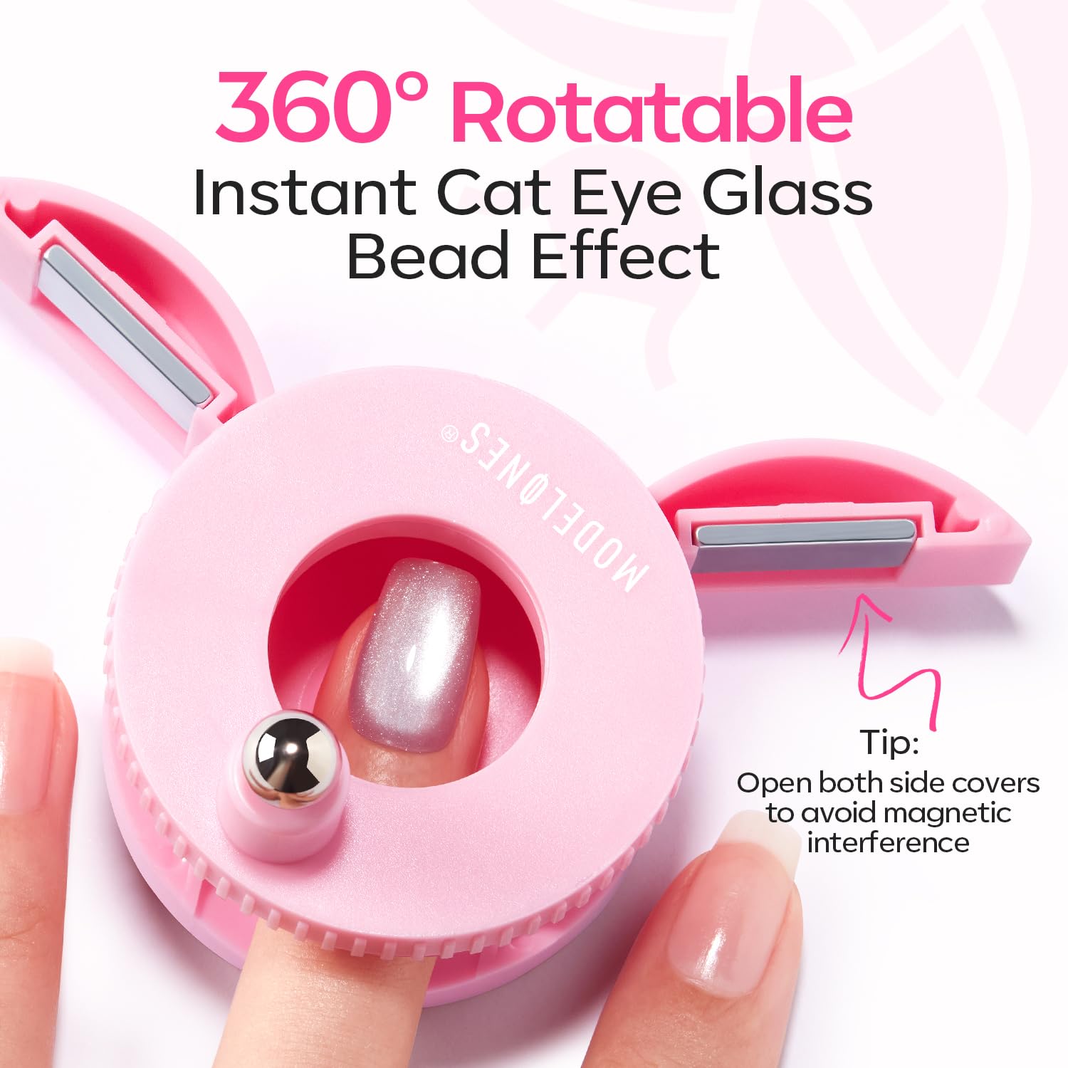 Modelones 5D Automatic Pink Nail Magnet for Cateye Gel Polish, Upgraded 3-in-1 Strong 360° Rotating Glass Bead Magnetic Side-Light Nail Magnet for Beginner-Friendly DIY Nail Designs (Magnet Only)