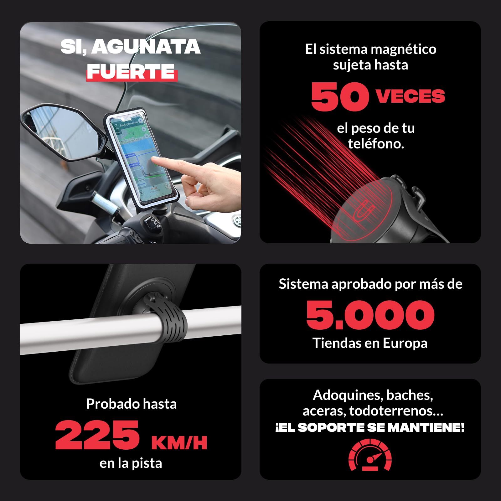 Shapeheart Soporte Móvil Retrovisor Moto Magnético - Funda Impermeable Táctil XL - Fijación Atornillada Espejo Moto, Scooter - Carcasa Smartphone Lluvia - Sistema Estable Desmontable