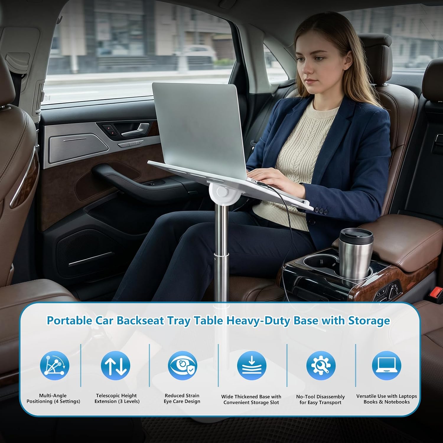 Car Desk for Laptop Passenger Seat, 3-Level Height Adjustable Multifunctional Seat Tray, Portable Vehicle Table for Work, Dining & Long Road Trips
