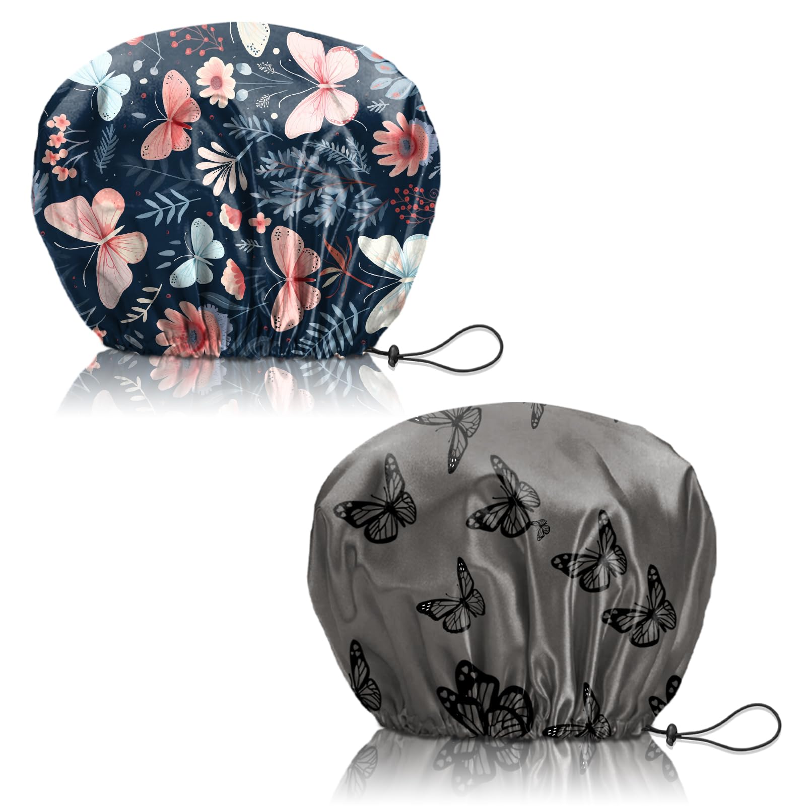 Deokke 2 PCS Shower Cap Reusable Large Waterproof Adjustable Double Layer Elastic Dry Hair Bathing Caps Aesthetic Cute for Women Girls (Q12-Butterfly)