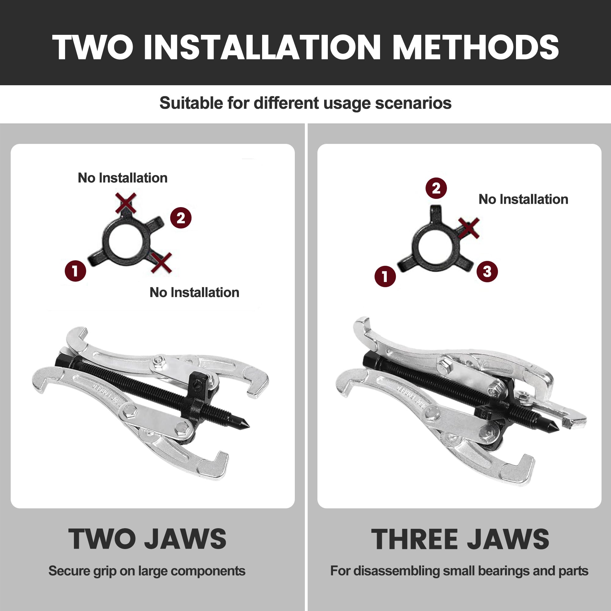 Motor Tech - Juego de extractor de engranajes de 3, 4, 6, 8 pulgadas, 3 mandíbulas, para extracción de ruedas de engranaje de polea, extractor de polea resistente con mandíbulas reversibles, kit de