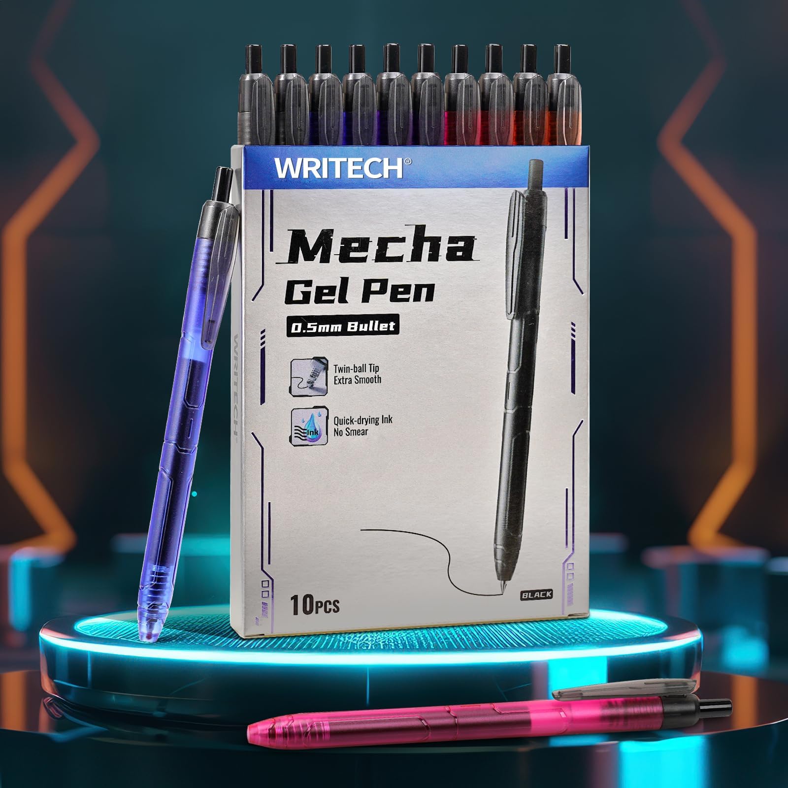 WRITECH ゲルペン 細字:0.5mm ノック式ブラックインクペン 10ct クイックドライ にじみなし 滑らかな書き心地 ジャーナリング用 メカアップジェル用 超長持ちするインク