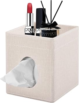 Tissue Box Cover,PU Leather Square Tissue Box Holder with Storage Tray for Bathroom Vanity Countertop Night Stands Bedroom Office Desk,Stylish Kleenex Box Holder Decorative Organizer Beige