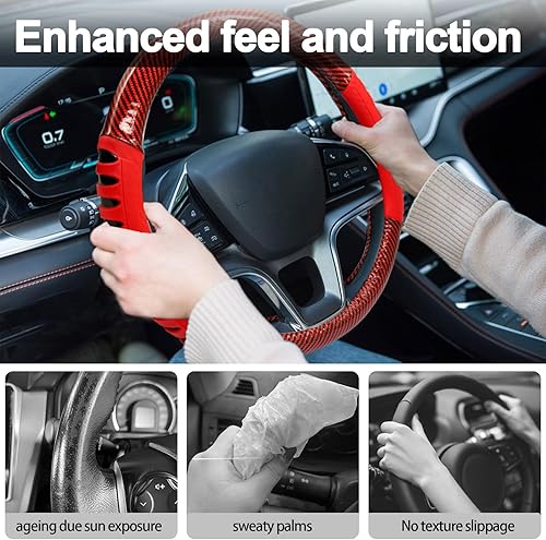 Miniatura 2 de Funda para volante estilo deportivo de cuero PU rojo con agarre deportivo antideslizante y transpirable, accesorio universal para volante de