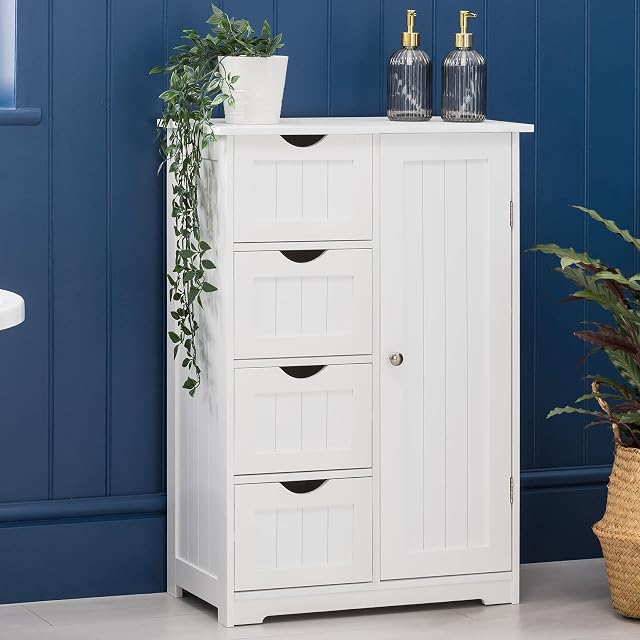CHRISTOW Bathroom Cabinet Floor Standing, Wooden White 4 Drawer Storage Cupboard Unit With Shelf