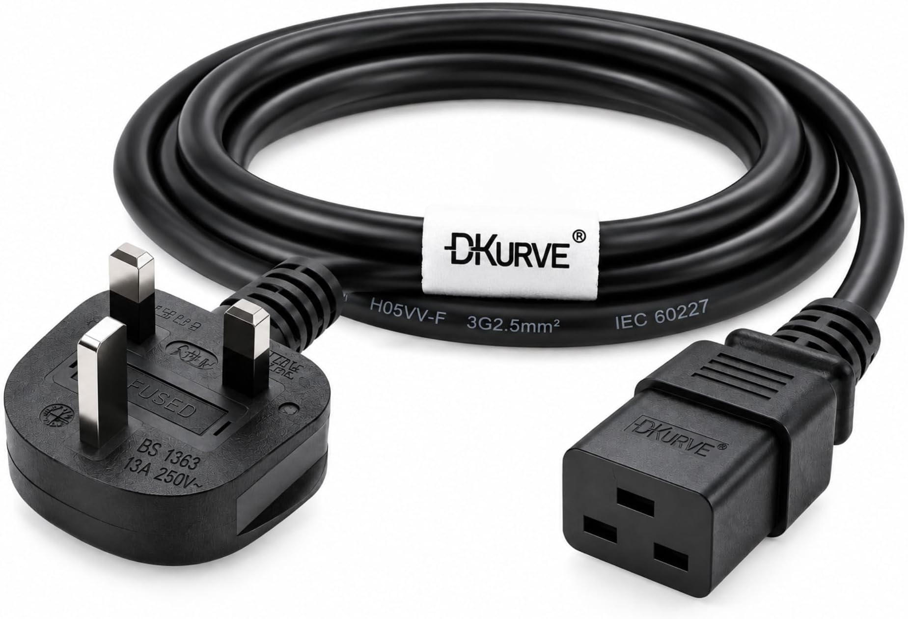 DKURVE Heavy Duty C19 to UK 3 Pin Server UPS Power Cord Cable – 14 AWG, 250V, Full Copper Core, Available in 1.5M, 3M, 5M ® (5 METERS)