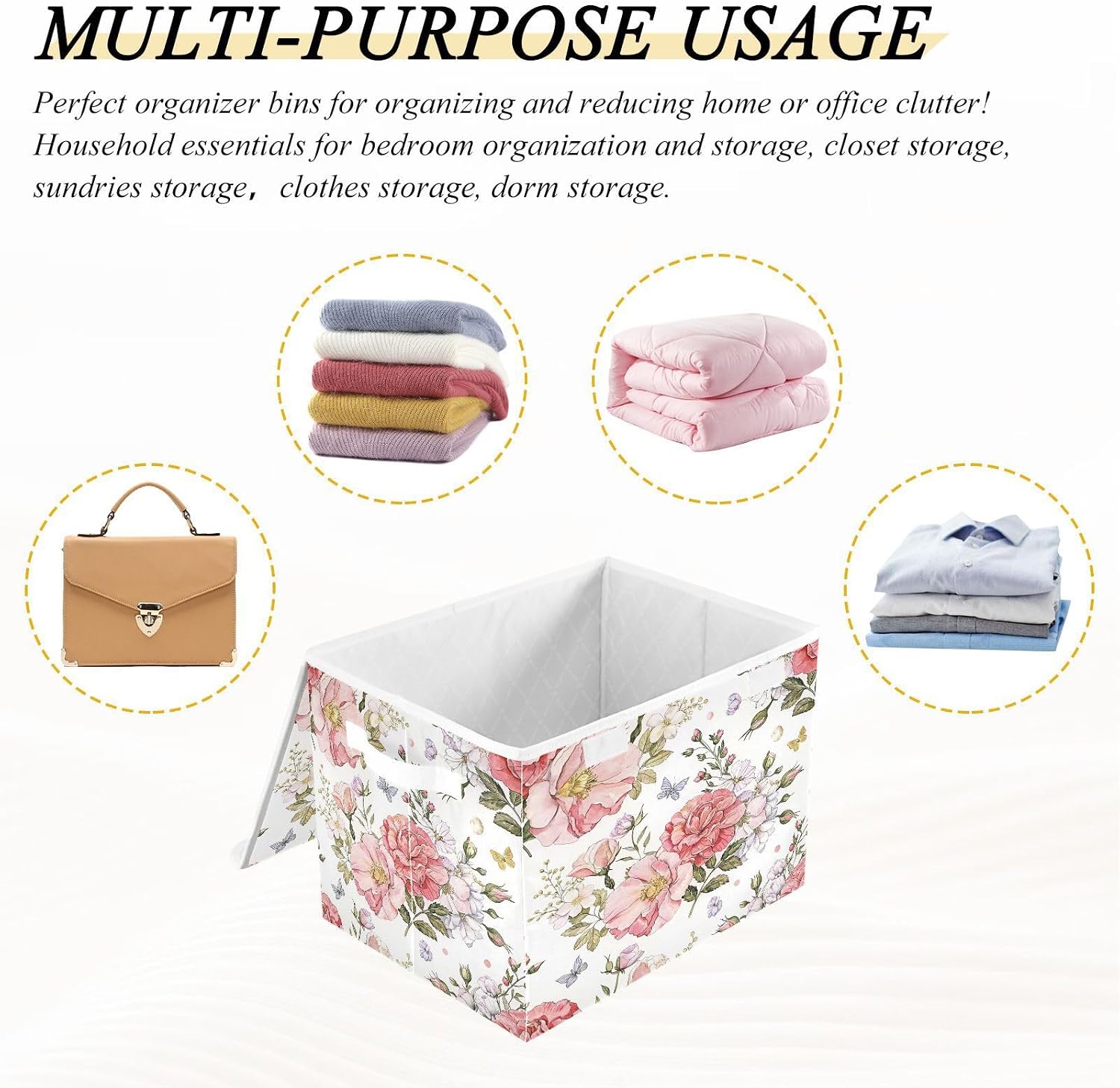 Flower Storage Bins with Lids, Foldable Fabric Basket with Handles | 16.5" x 12.6" x 11.8" Decorative Storage Basket for Closet, Nursery, Bedroom, Office and Home Organization