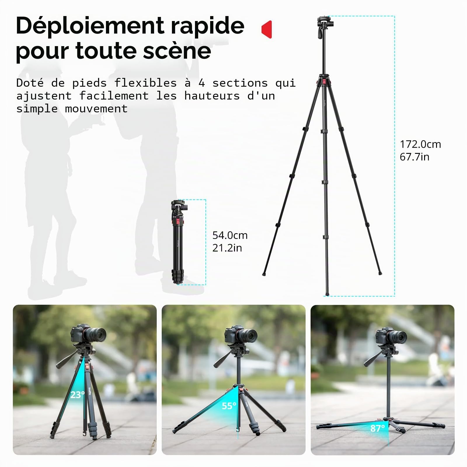 SMALLRIG 172 cm Trépied de Voyage en Aluminium avec Clip pour Caméra et Téléphone, Trépieds Portables avec Pieds à Verrouillage Rapide, pour Diffusion en Direct et Vlogging, Charge Max 5 kg - 5474