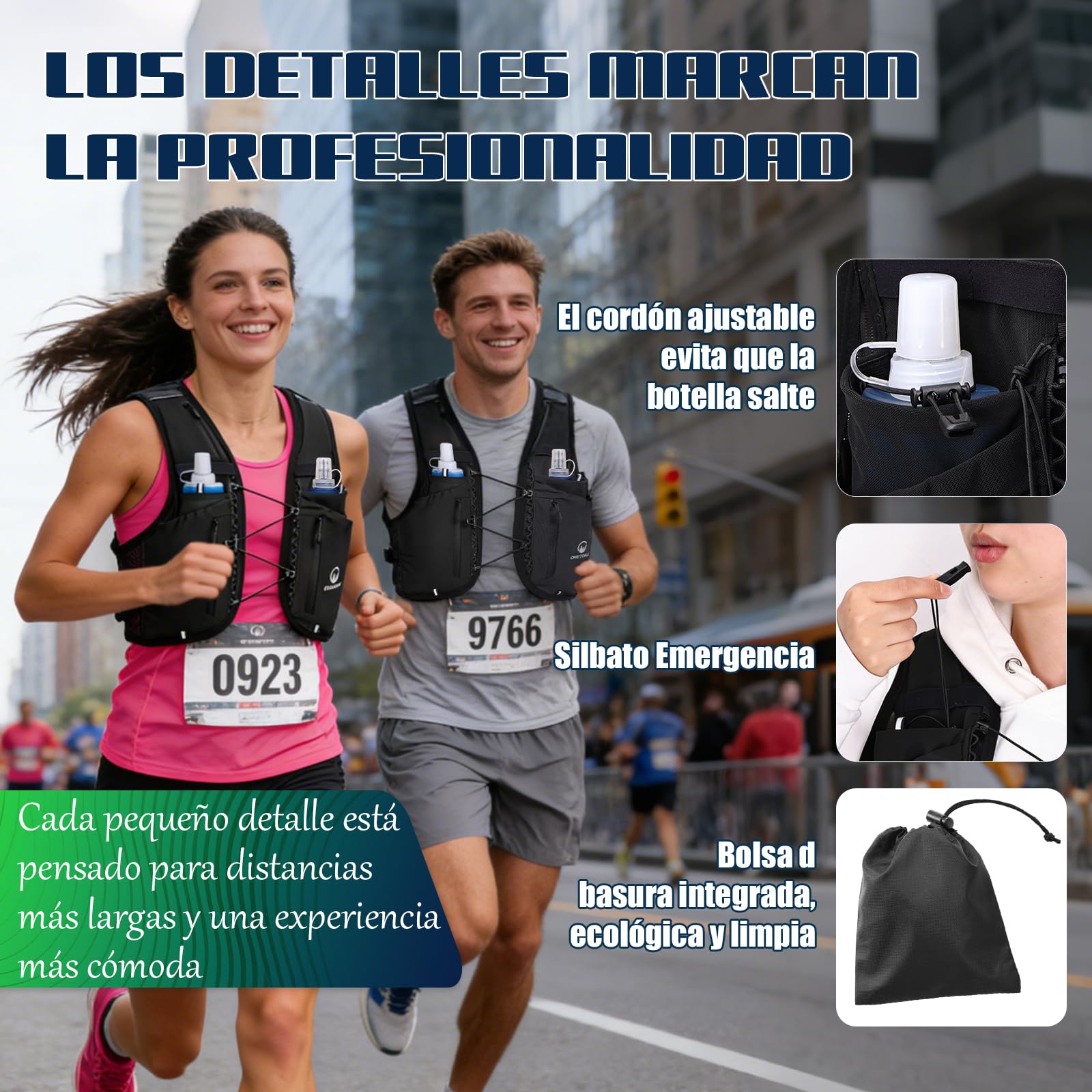 Chaleco Running Hombre Mujer con 2 Botella 500ml y Luz LED