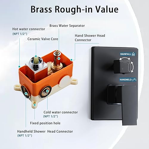 Miniatura 4 de RTOBWEYE Juego de grifo de ducha cuadrado con cabezal de ducha de lluvia de 8 pulgadas, montaje en pared con sistema combinado de ducha de mano de 3