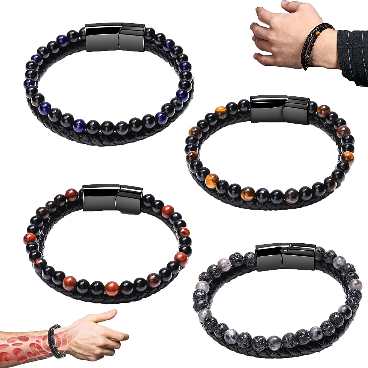 Humanic+ MAXHematie Beaded Bracelets, Natural Crystal Beaded Bracelets, Mens Black Lava Rock Bracelet Hematite Bracelet Stone Bracelet (4PCS)