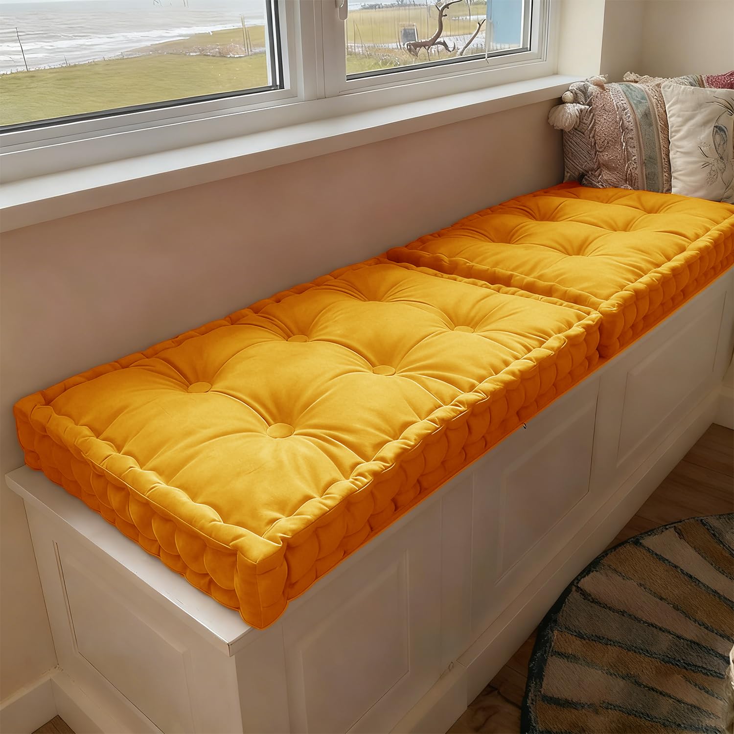 WLXFF Bench Cushion Indoor, Velvet Window Seat Cushions with Handle 10cm Thick Plush Windowsill Seat Cushion, Bay Window Cushion, Tufted Buttons Bench Seat pad for Piano, Dining Chairs,NO15,180x50cm