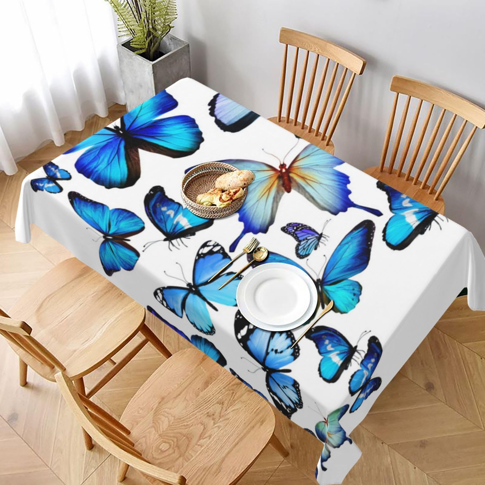 BNVSADC Blue Butterfly Printed Rectangle Tablecloth 228x152 CM, Water Resistant Polyester Table Cloth Decorative Fabric Table Covers for Kitchen Dining Table Parties Camping