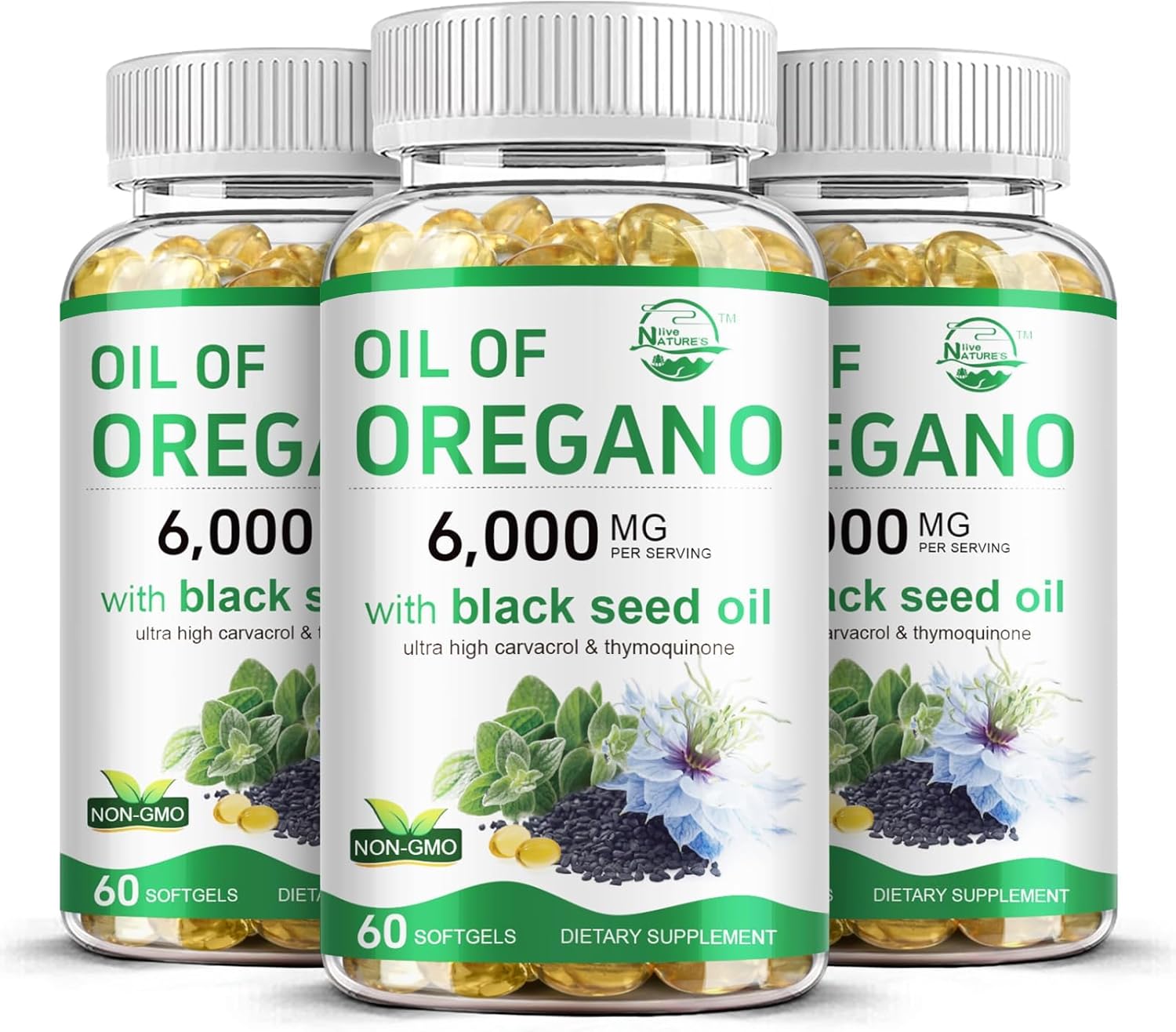 Nature's live Oil of Oregano with Black Seed Oil, 2 in 1 Oregano Supplement for Immune Health, Retains High Concentrated Carvacrol & Thymoquinone, Non-GMO, 3 Pack