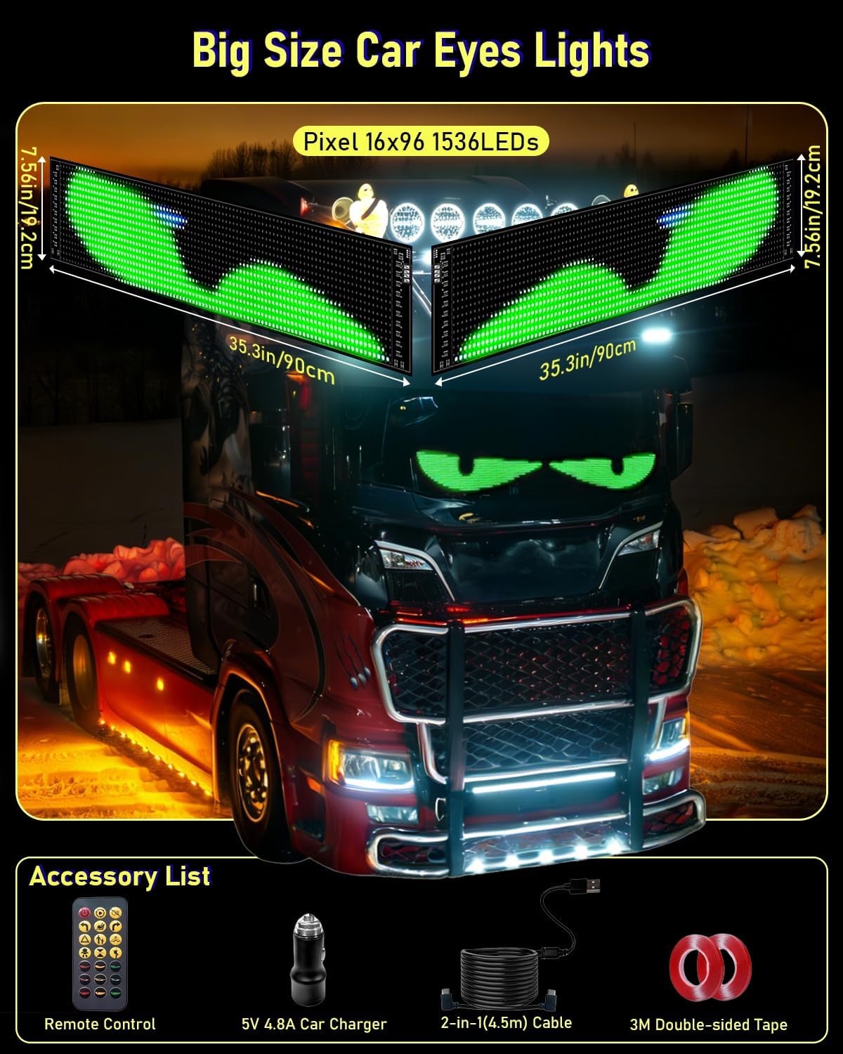 Super RGB LED Devil Eye Lights for Windshield 35.3"x7.5"[2PCs], Dual Screen Sync with APP & Remote Control, Windshield Eyes Animated, USB-Powered, Programmable Evil Eyes for Big Car Truck RV Window