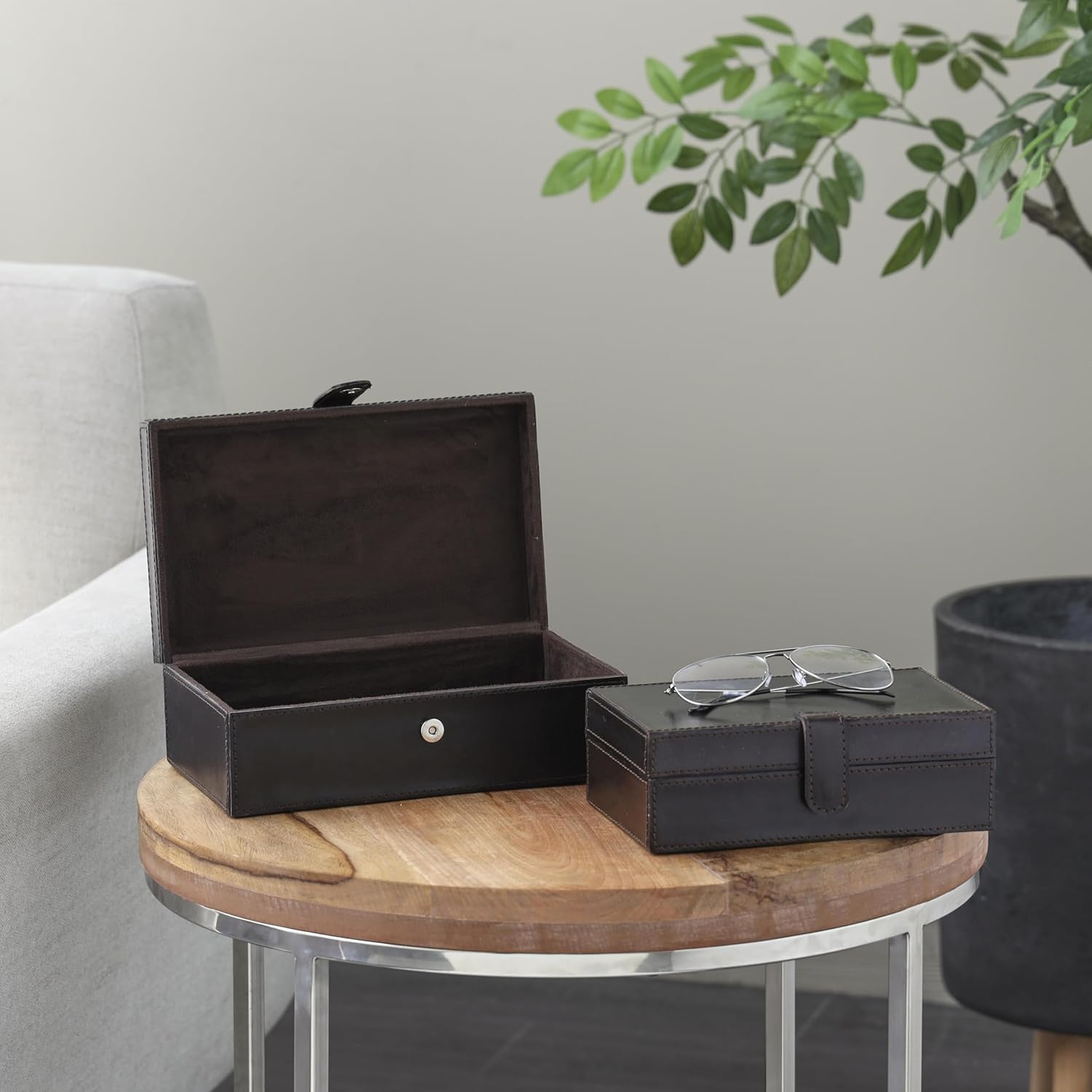 Deco 79 Leather Handmade Decorative Box Storage Decorative Keepsake Boxes with Snap Front Closure and Detailed Stitching, Set of 2 Storage Boxes 10", 8"W, Dark Brown