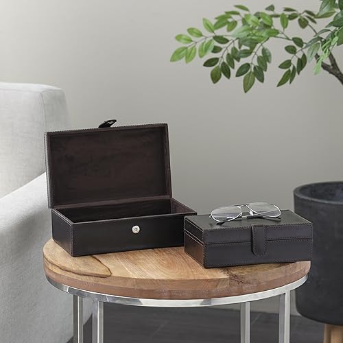 Miniatura 3 de Deco 79 Caja decorativa de cuero hecha a mano con cierre frontal a presión y costuras detalladas, juego de 2 cajas de almacenamiento de 10 pulgadas,