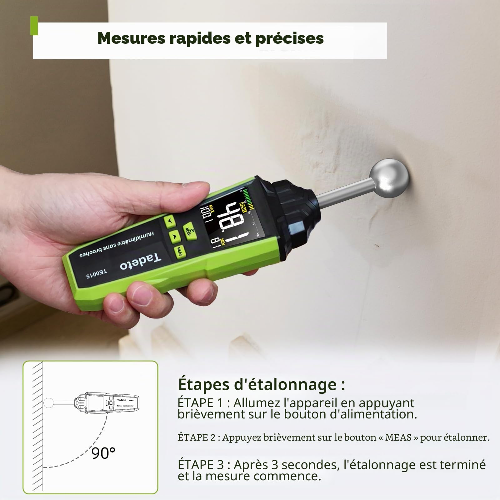 Testeur Humidité, Tadeto Testeur d'humidité Mur avec écran LCD Couleur et Fonction d'alarme Pour Murs, Bois, Maçonnerie, Béton, Gypse, Matériaux de Construction, Profondeur d'analyse de 20 à 40 mm