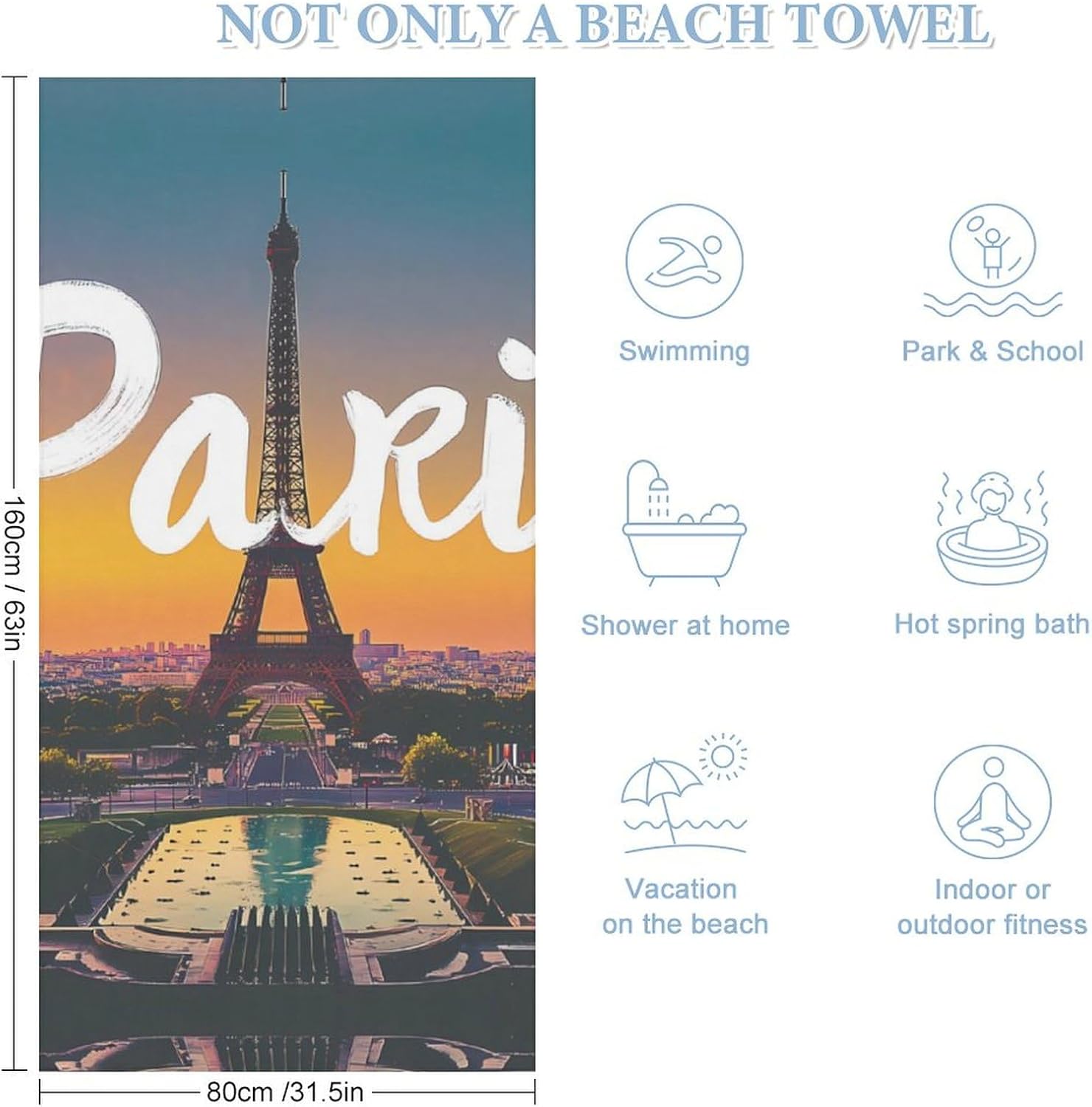Eiffel Tower at Sunset Beach Towels Oversized Jumbo Large Yoga Bath Towel for Pool Yoga Swim Body 160x80cm