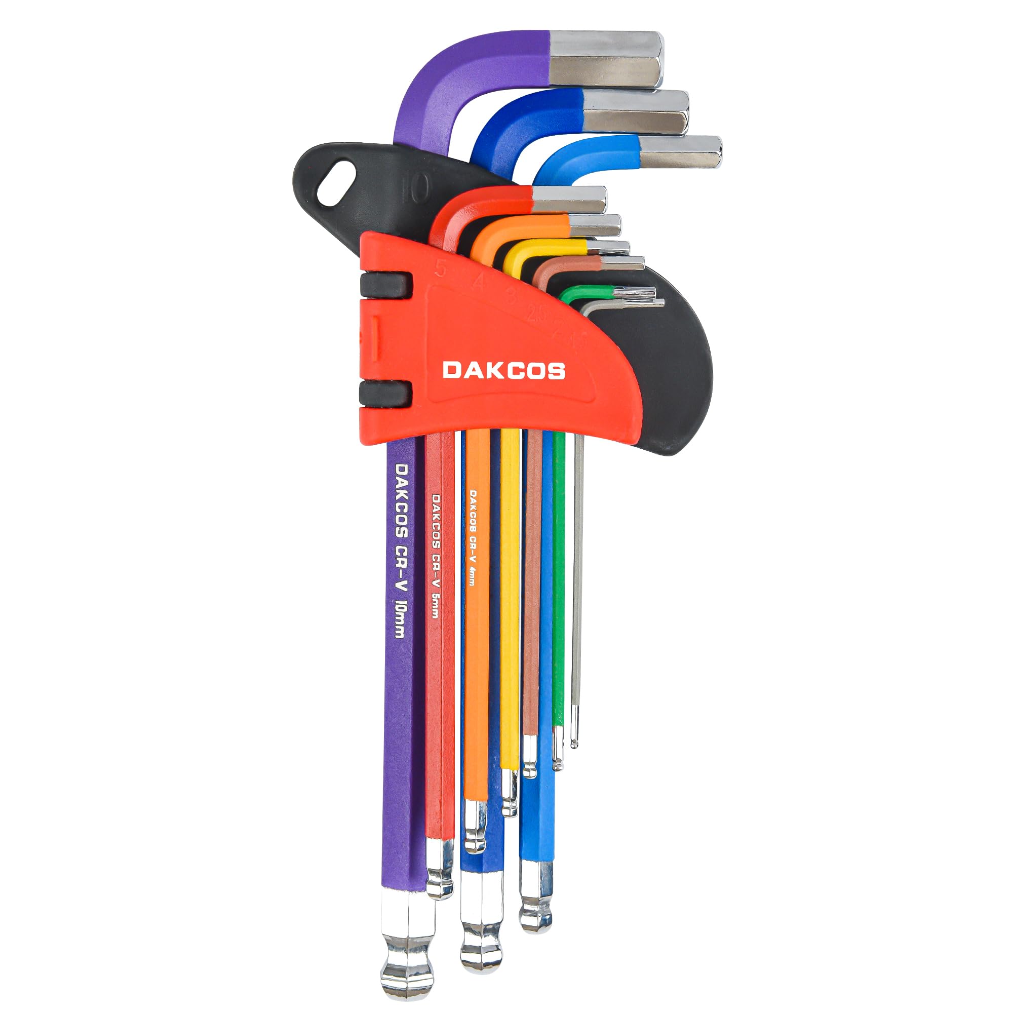 DAKCOS 9pcs Hex Key Set, 1.5mm-10mm Metric Ball End L-Key Set, Color Coding