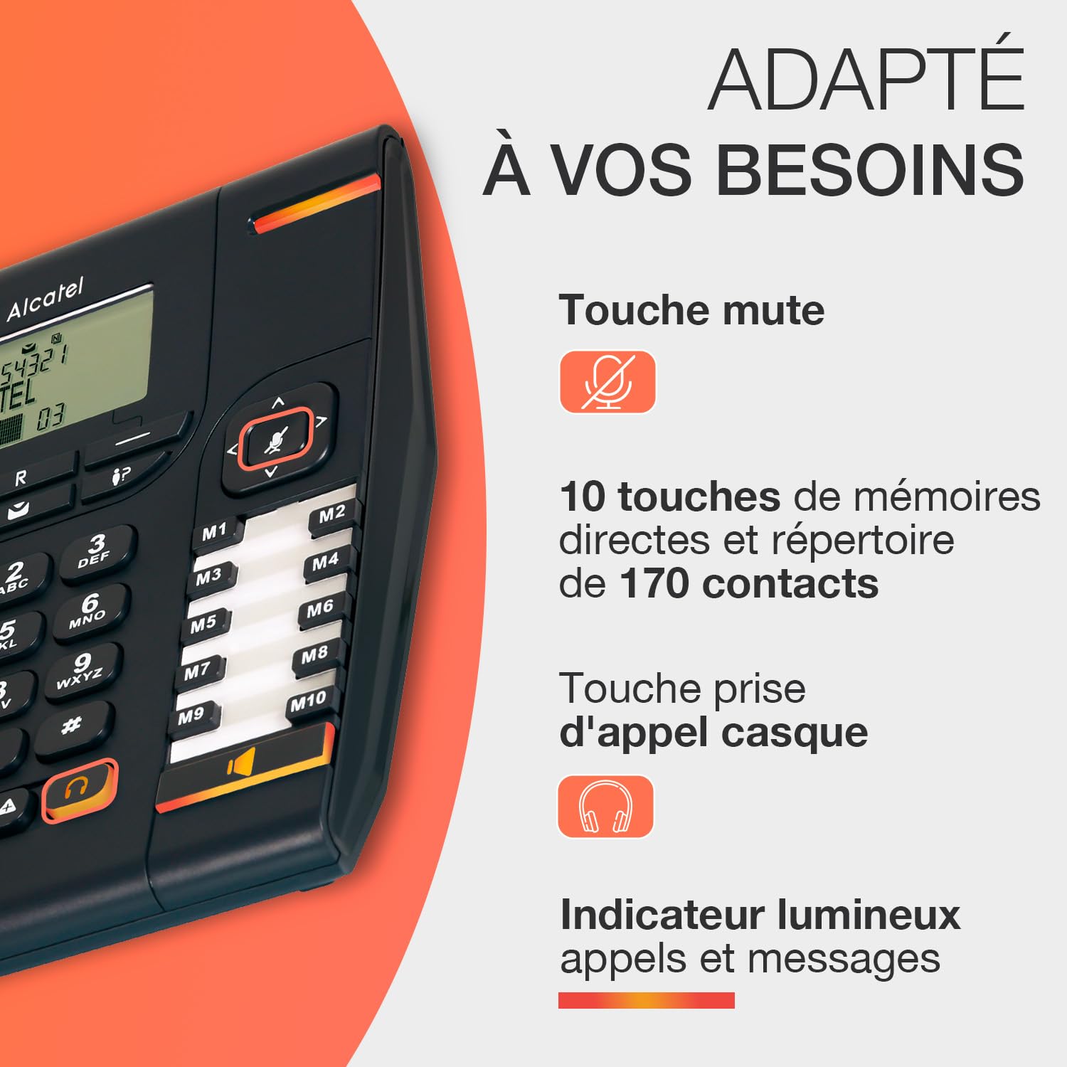 ALCATEL Temporis 880 PRO - Téléphone Fixe Filaire Professionnel - Bibloc - Grand Écran Alphanumérique - Indicateur Lumineux - Volume Réglable - Touche Rappel & Mute - 10 Mémoires Directes - Noir
