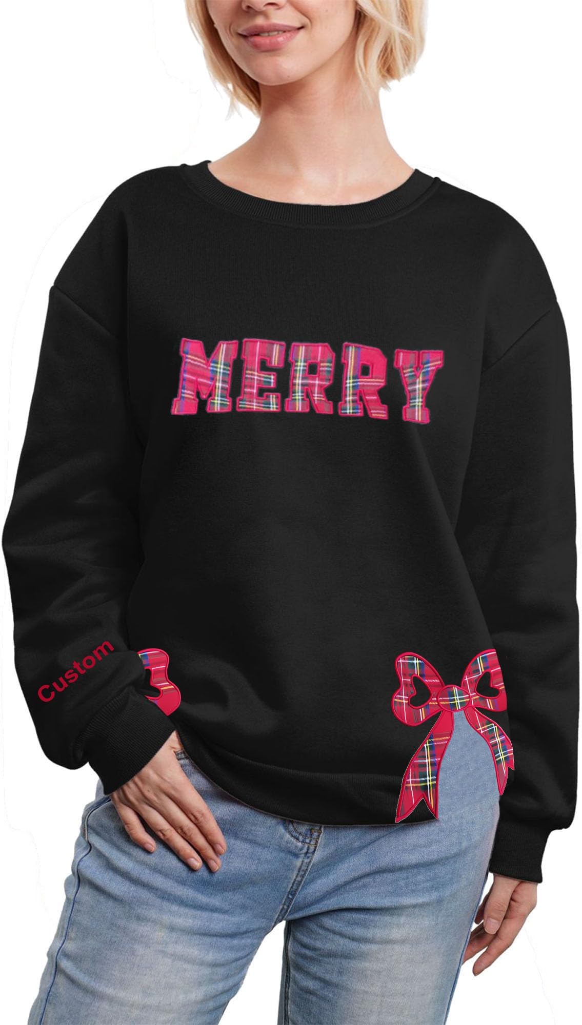 Pekdi Custom Merry Side Bow Sweatshirt, Embroidered Merry Christmas Pullover Custm Bow Sweatshirt Mom Bow Hoodie Bow Tops for Women