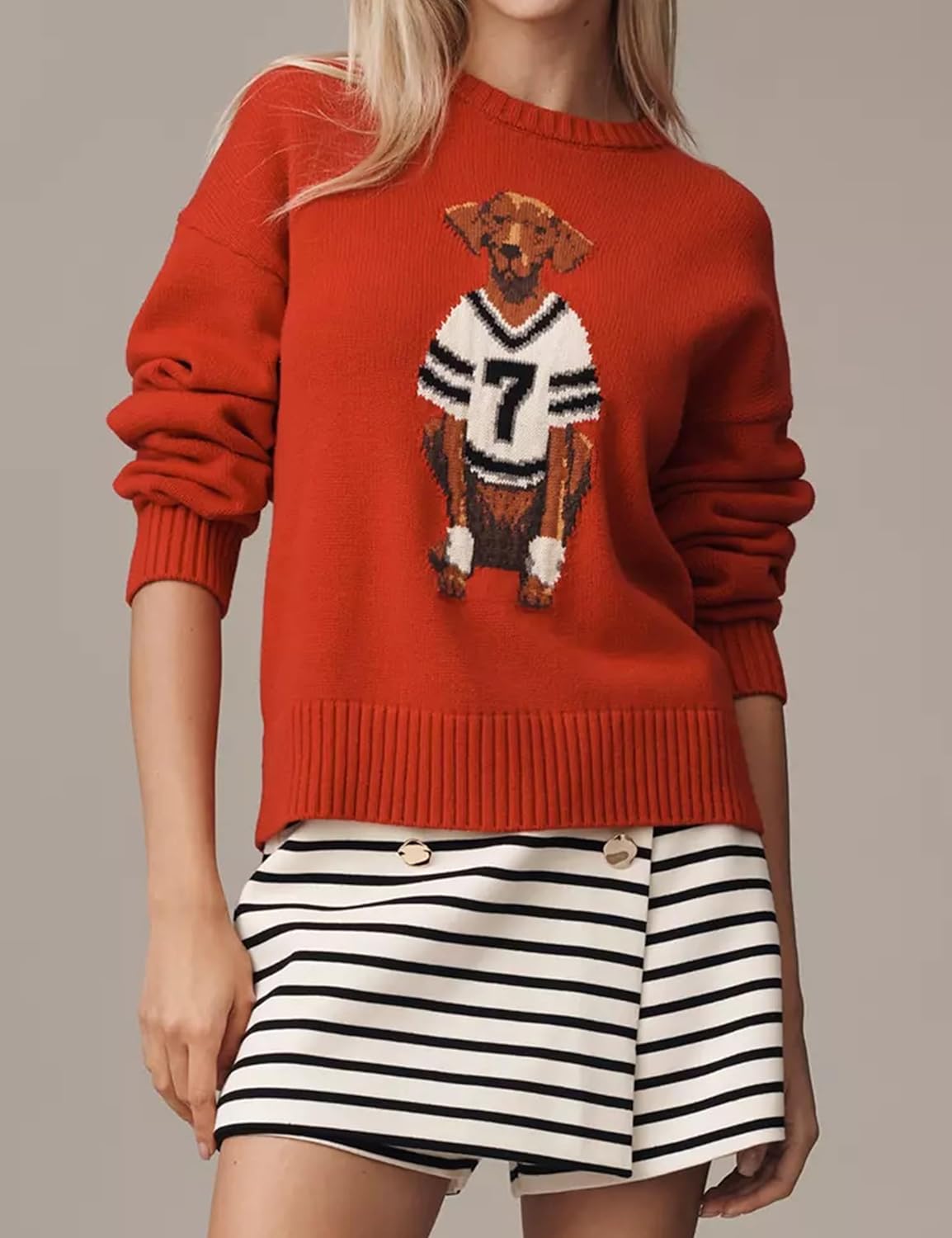 Women Dog Print Sweater Crew Neck Long Sleeve Knit Top Pullover Jumper Fall Winter 2025 Cloth Outfits - Image 2