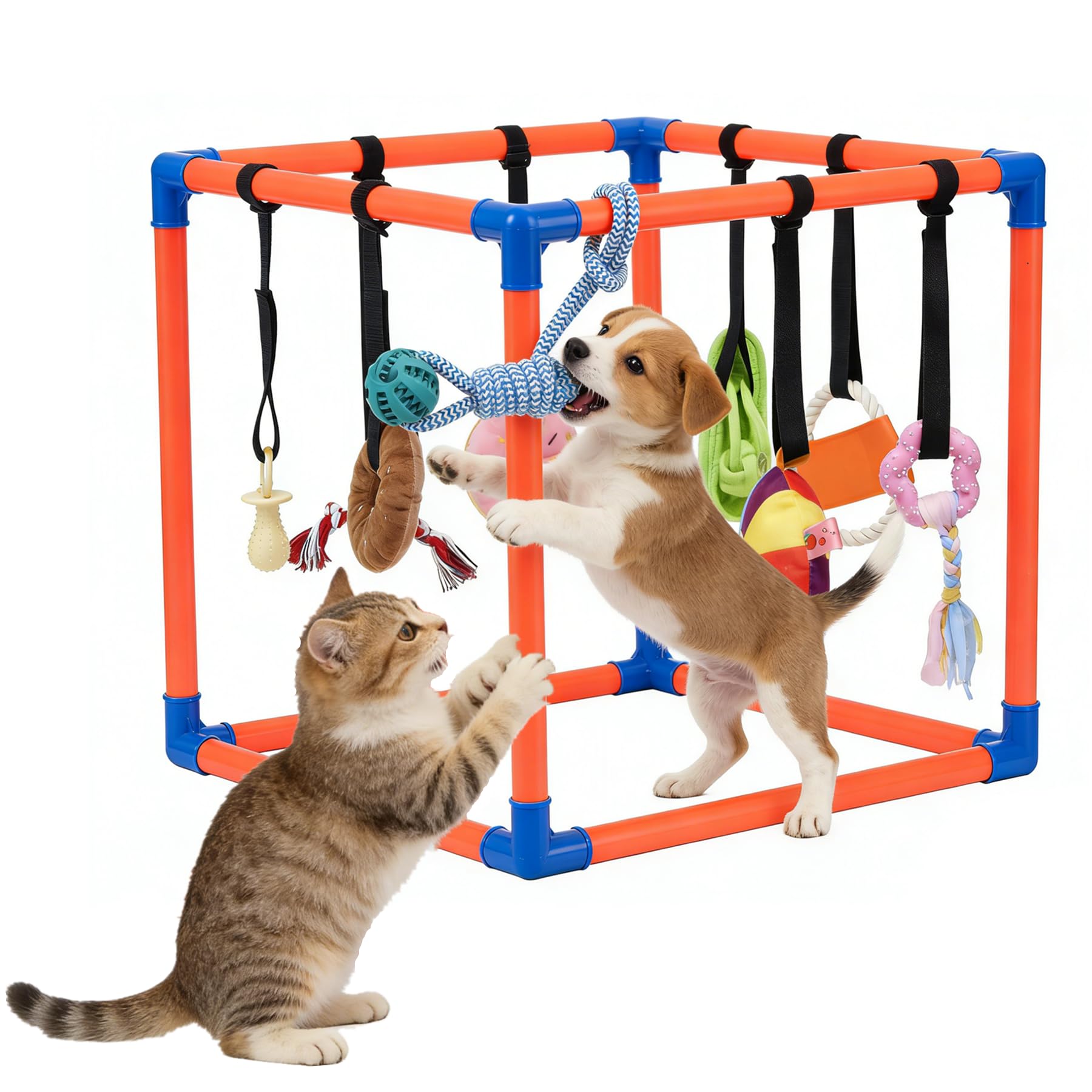 Gimnasio de juego para cachorros para perros pequeños con 8 juguetes colgantes, enriquecimiento interactivo extraíble, parque infantil interior de la selva, marco de PVC ajustable con correas