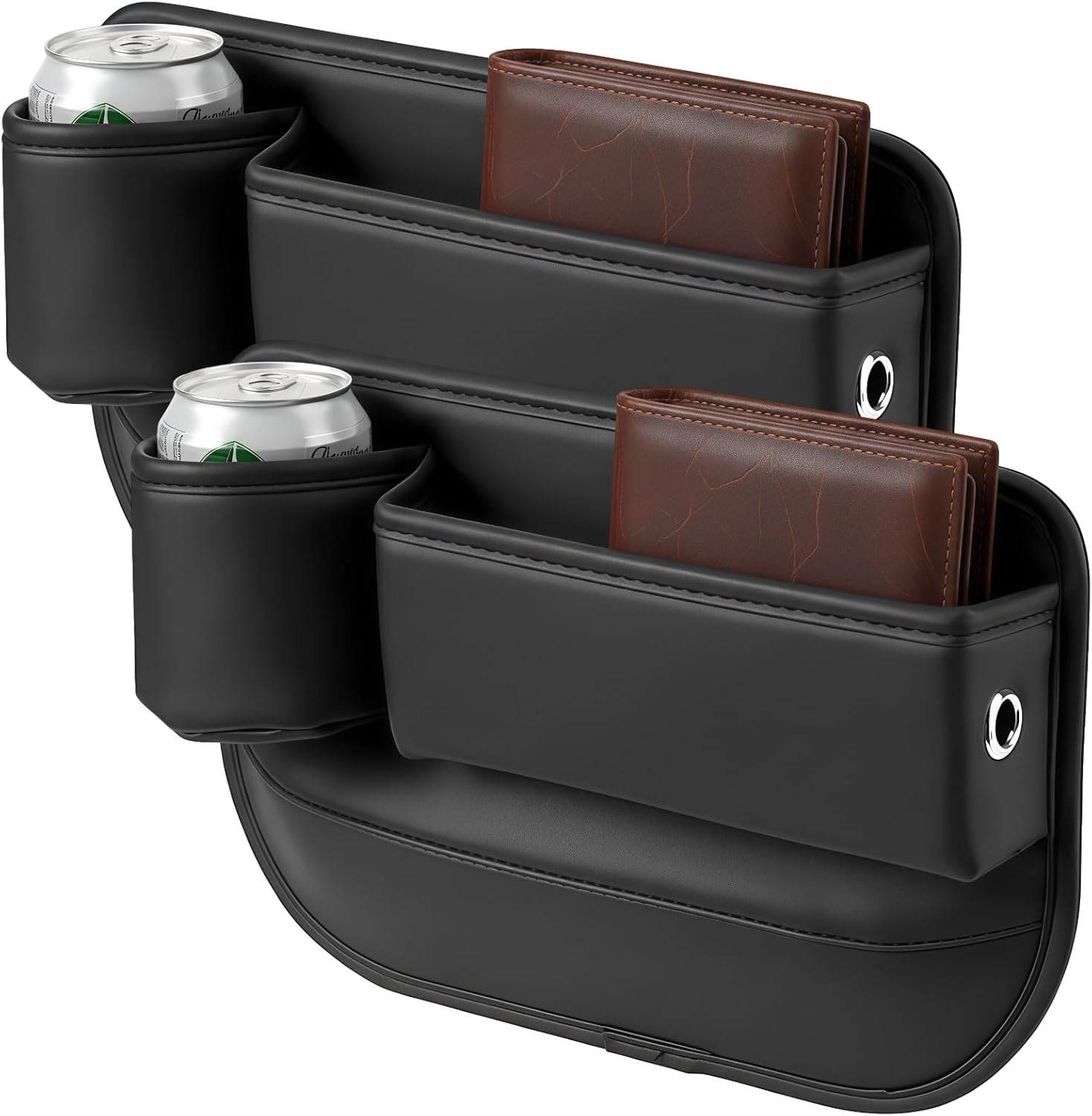 2 PCS Car Seat Gap Filler Organizer, PU Leather Side Console Storage with Cup Holder, Car Extra Compartments for Cans Phones Keys Wallets, Easy Wipe Clean, Universal Fit