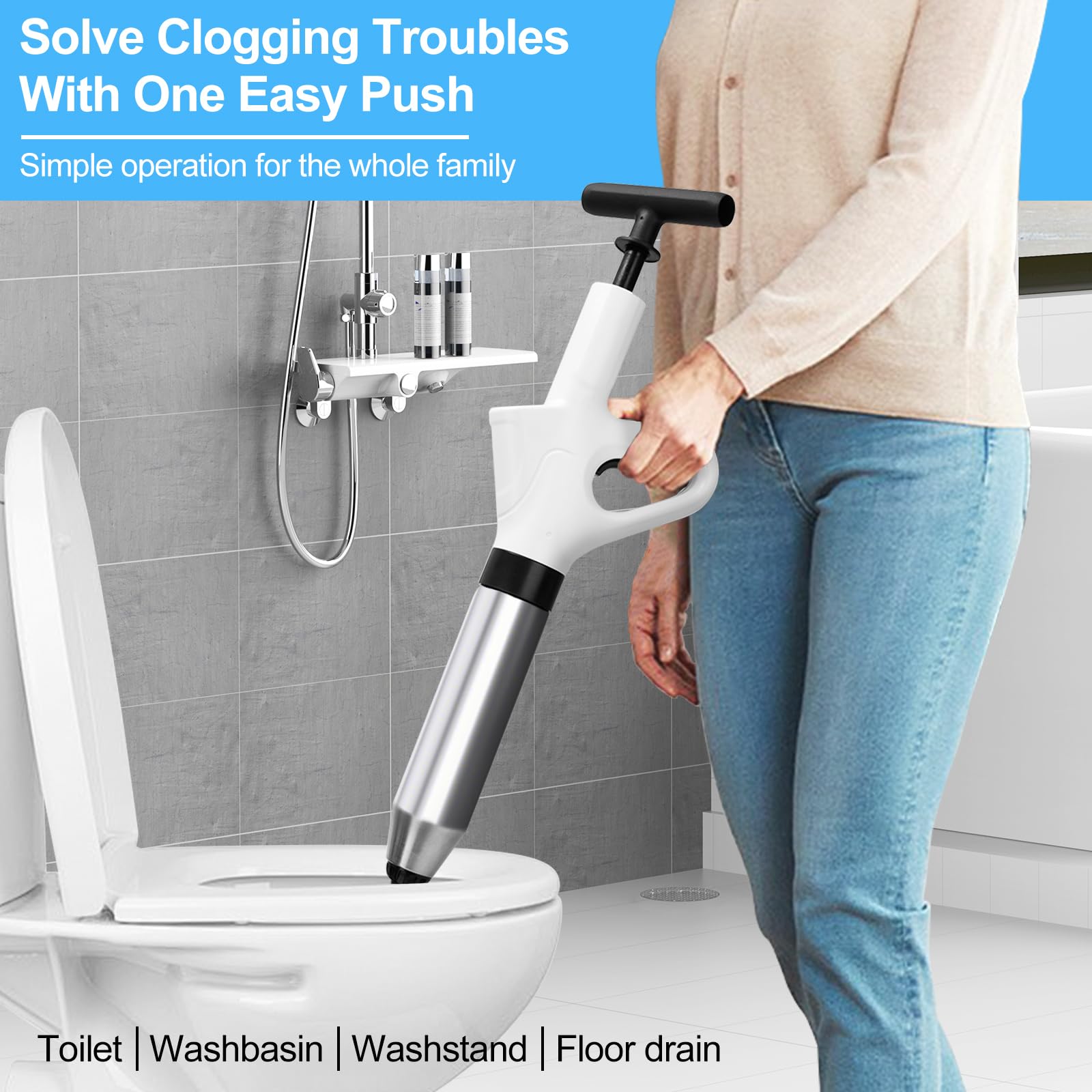 Déboucheur de toilettes très résistant, déboucheur de toilettes, kit de piston haute pression avec 4 têtes remplaçables et semelle intérieure gonflable pour débloquer l'évier de la cuisine