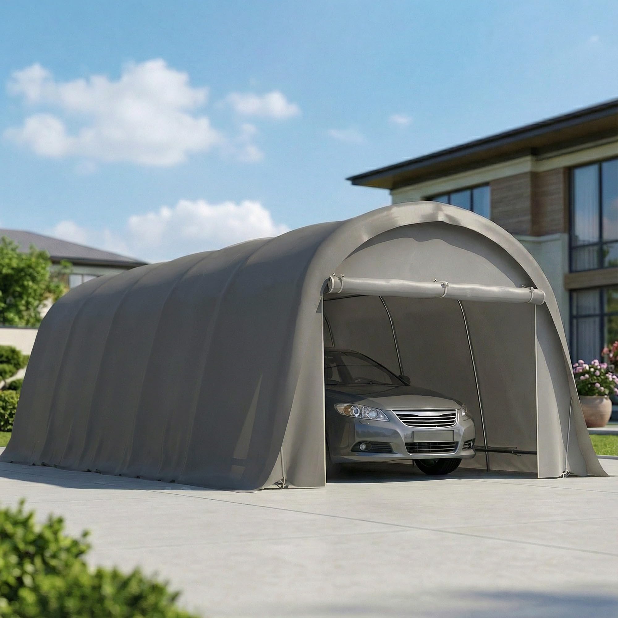 Outsunny Carport Tente de Garage 3,6 x 7,2 m, abri Voiture extérieur, Tente de Stockage avec parois latérales Amovibles et Grande Porte Roulante, carport pour Voiture, Camion, Bateau, Gris foncé