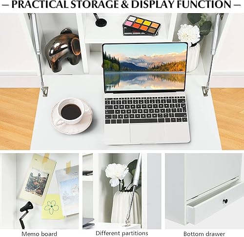 Miniatura 7 de KOTEK Escritorio montado en la pared, escritorio flotante para portátil con cajón de almacenamiento y estantes, gabinetes de almacenamiento