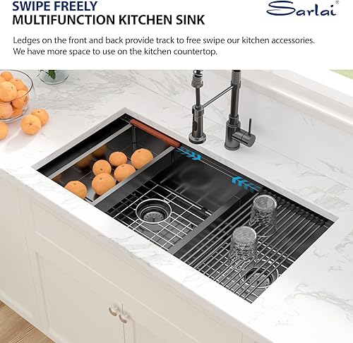 Vista 107 de Sarlai Fregadero doble de 33 piezas para empotrar - Fregadero de cocina de 33 x 19 pulgadas, acero inoxidable de calibre 16, esquina redonda, doble